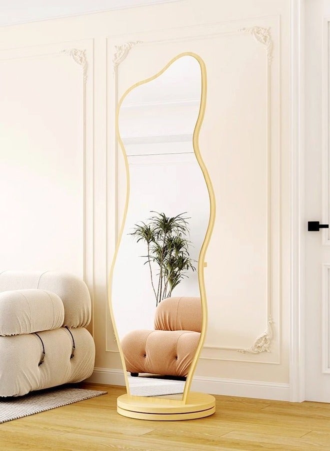 C&C Home Mutifunctional Irregular Clouds Shaped Asymmetrical Mirror Rotating Floor Full length Body Mirror with Coat Hangers Storage Rack Beige 165x36cm - Image 2