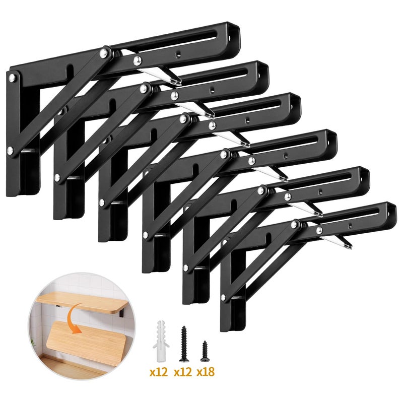 Yarssihha 8 Inch Folding Shelf Bracket 6 Pack Heavy Duty Wall Mounted Foldable Brackets SpaceSaving Metal Collapsible Shelf Brackets Max Load180lbs - Image 2