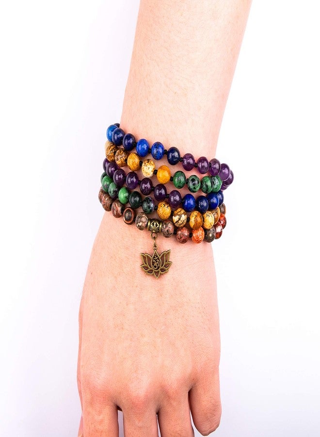 Bivei 7 Chakra 108 Mala Beads Bracelet Real Gemstone Yoga Meditation Hand Knotted Mala Prayer Bead Necklace(Lotus OM-8mm beads) - Image 2
