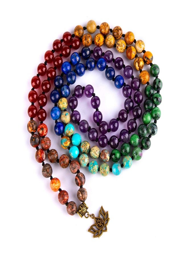 Bivei 7 Chakra 108 Mala Beads Bracelet Real Gemstone Yoga Meditation Hand Knotted Mala Prayer Bead Necklace(Lotus OM-8mm beads) - Image 1