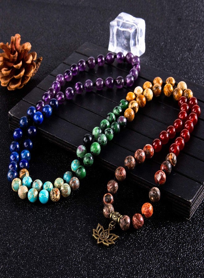Bivei 7 Chakra 108 Mala Beads Bracelet Real Gemstone Yoga Meditation Hand Knotted Mala Prayer Bead Necklace(Lotus OM-8mm beads) - Image 5