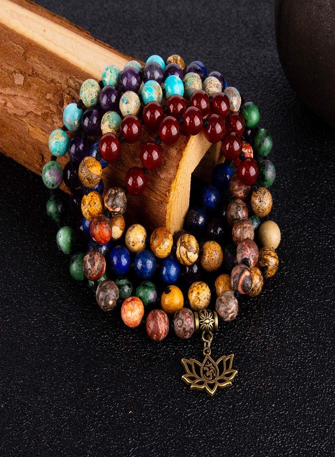 Bivei 7 Chakra 108 Mala Beads Bracelet Real Gemstone Yoga Meditation Hand Knotted Mala Prayer Bead Necklace(Lotus OM-8mm beads) - Image 3