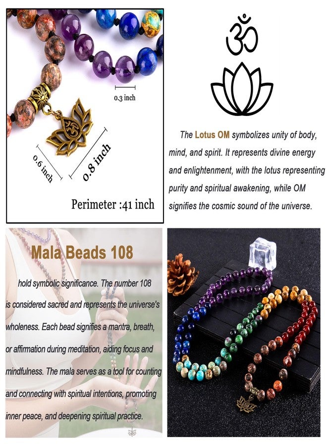 Bivei 7 Chakra 108 Mala Beads Bracelet Real Gemstone Yoga Meditation Hand Knotted Mala Prayer Bead Necklace(Lotus OM-8mm beads) - Image 4