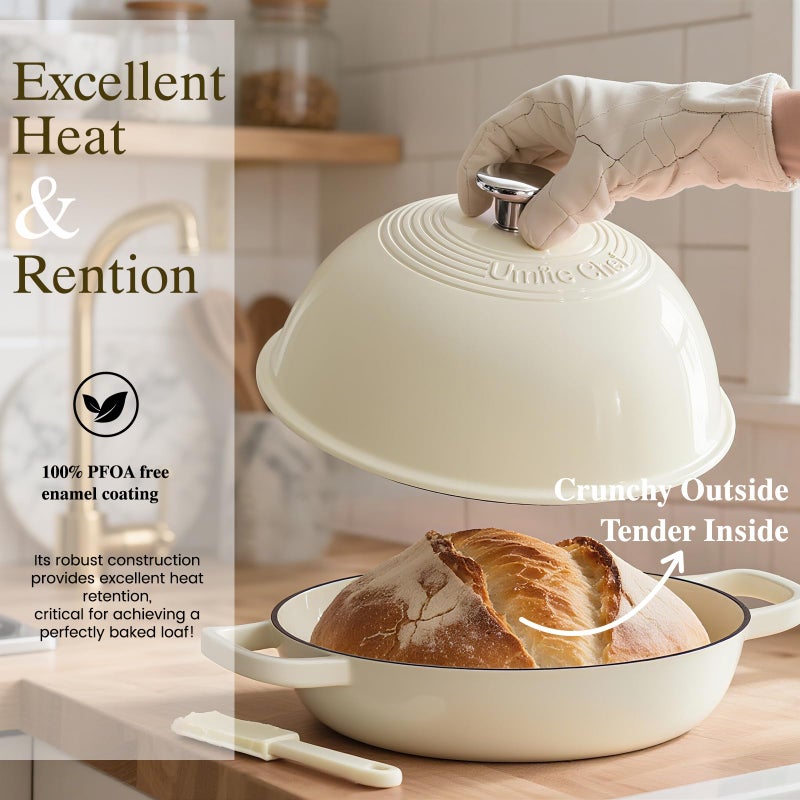 Umite Chef Enameled Round Cast Iron Bread Oven, 6 Qt Cast Iron Dutch Oven for Homemade Sourdough Bread Baking, Bread Pot with Dome Lid & Cotton Potholders (Cream White) - Image 3