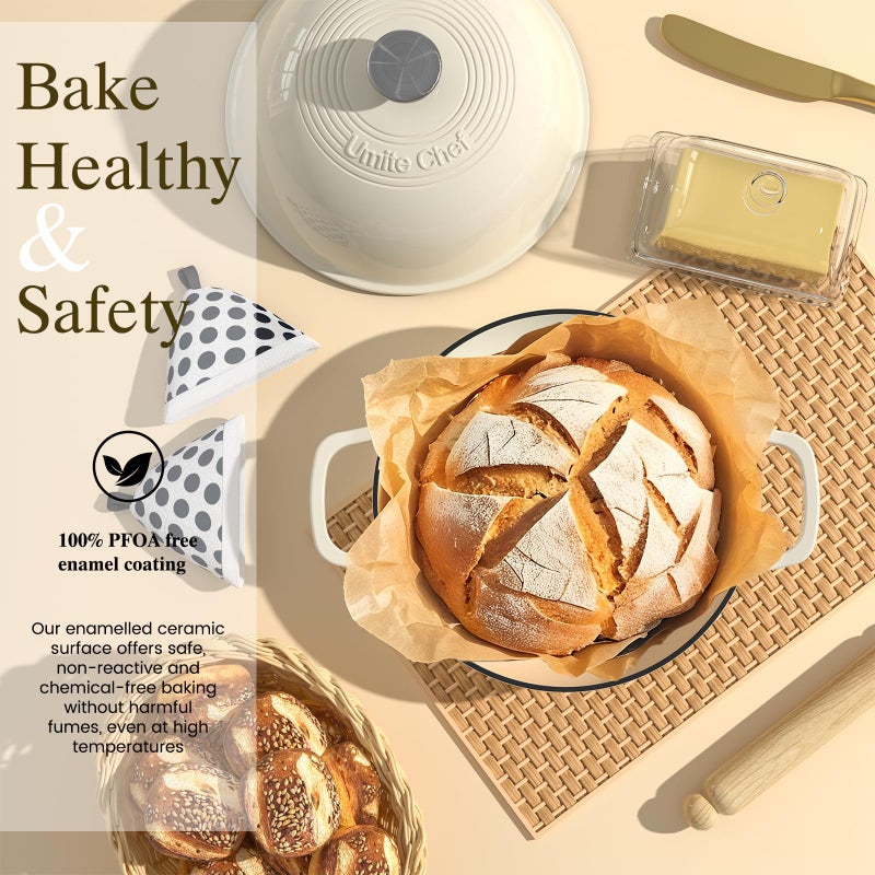 Umite Chef Enameled Round Cast Iron Bread Oven, 6 Qt Cast Iron Dutch Oven for Homemade Sourdough Bread Baking, Bread Pot with Dome Lid & Cotton Potholders (Cream White) - Image 2