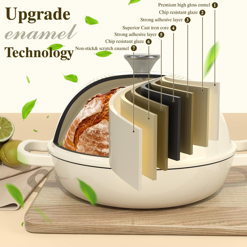 Umite Chef Enameled Round Cast Iron Bread Oven, 6 Qt Cast Iron Dutch Oven for Homemade Sourdough Bread Baking, Bread Pot with Dome Lid & Cotton Potholders (Cream White) - Image 5