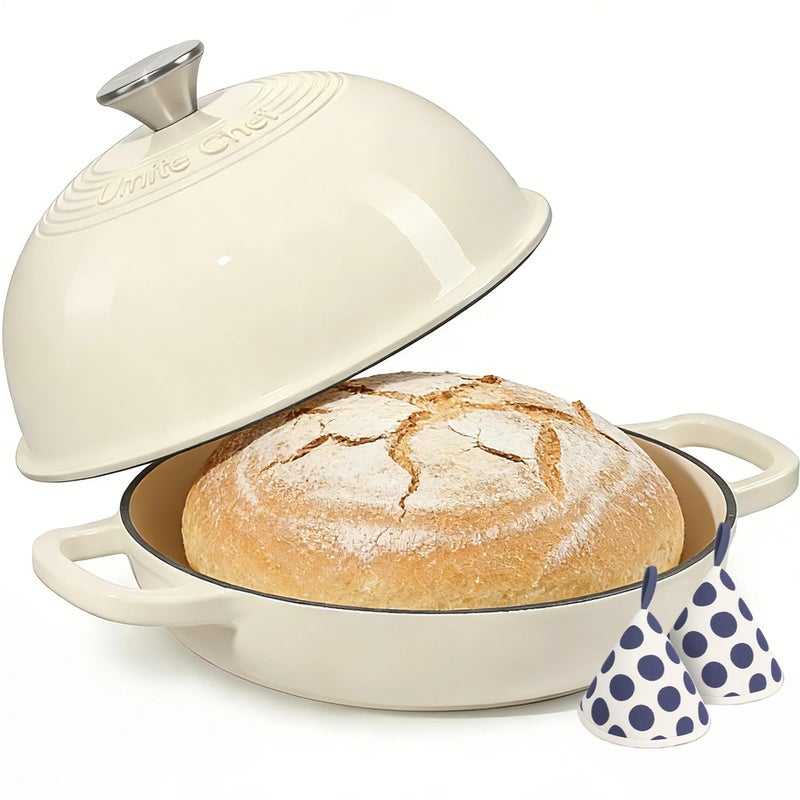 Umite Chef Enameled Round Cast Iron Bread Oven, 6 Qt Cast Iron Dutch Oven for Homemade Sourdough Bread Baking, Bread Pot with Dome Lid & Cotton Potholders (Cream White) - Image 1