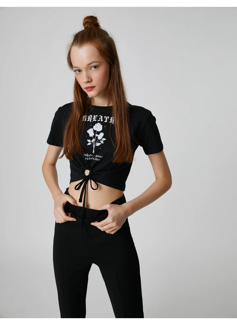 KOTON Crop T-Shirt Printed Window Detailed Short Sleeve