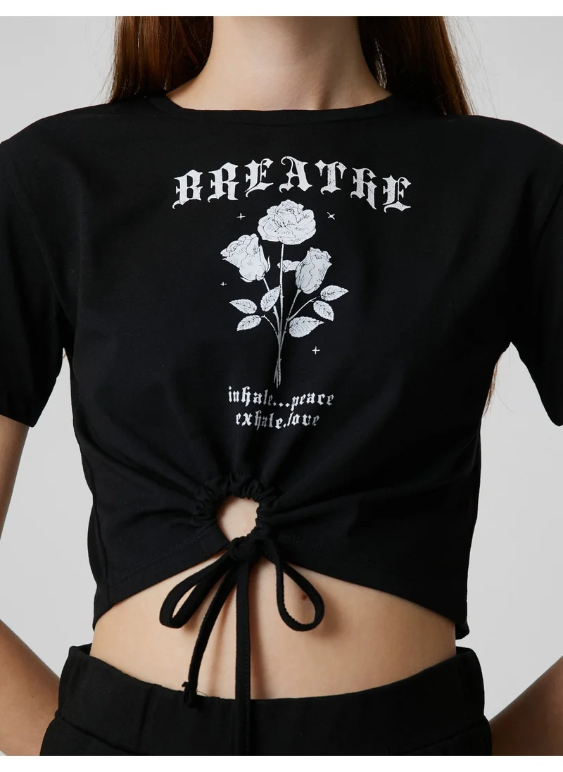 KOTON Crop T-Shirt Printed Window Detailed Short Sleeve