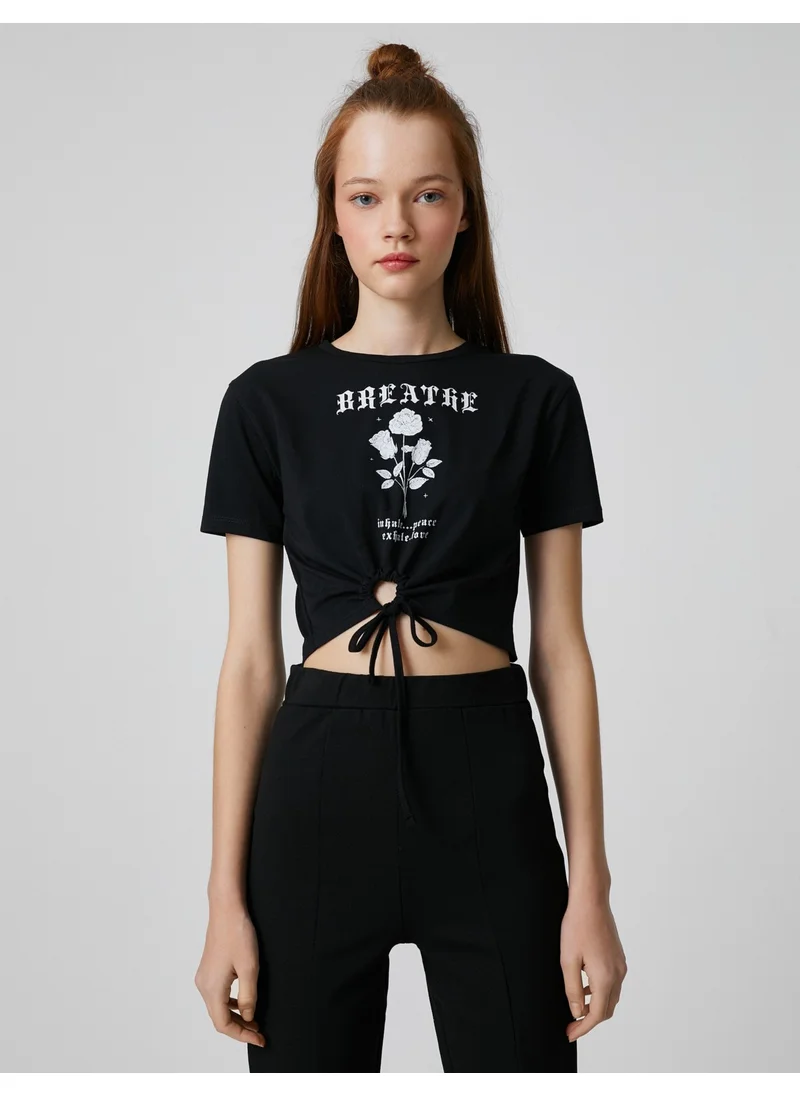 KOTON Crop T-Shirt Printed Window Detailed Short Sleeve