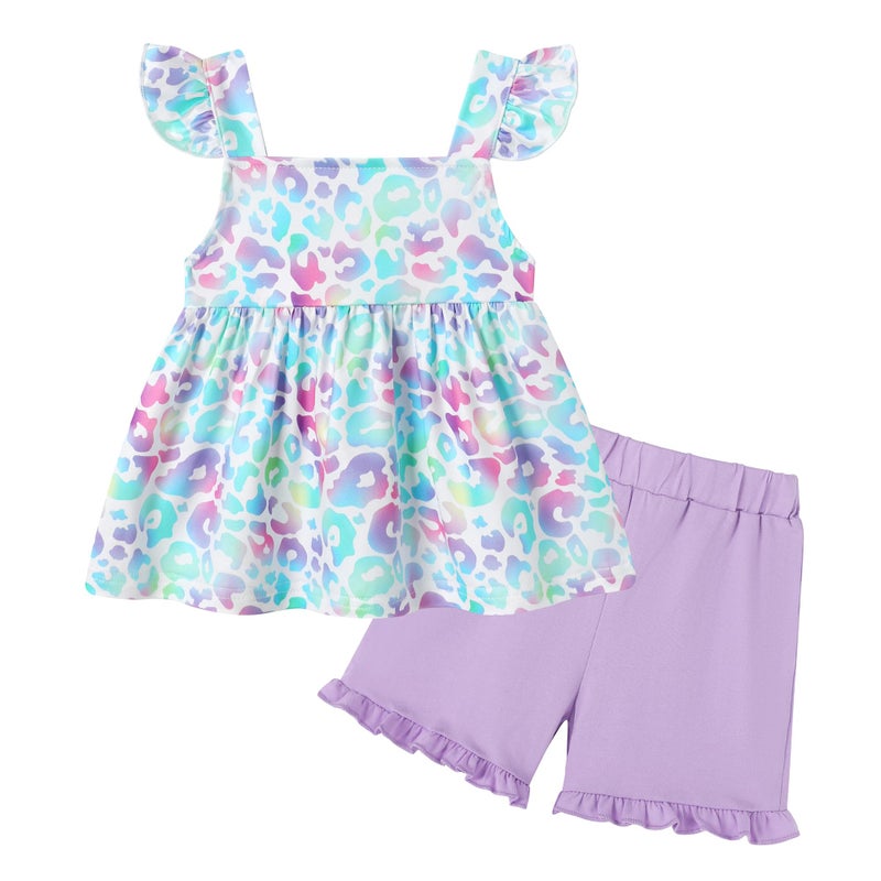 YUEMION Toddler Girl Clothes, 2Pcs Baby Girl Summer Outfits Ruffle Sleeveless Shirts Floral Tops + Shorts Clothing Set(Colorful Leopard + Purple, 3-4T) - Image 1