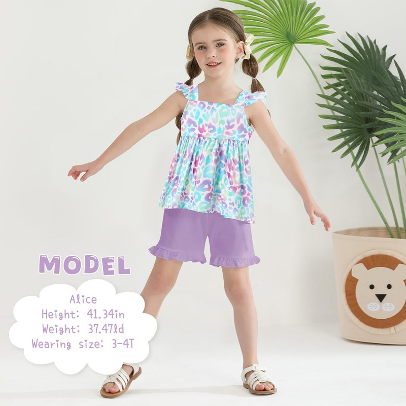 YUEMION Toddler Girl Clothes, 2Pcs Baby Girl Summer Outfits Ruffle Sleeveless Shirts Floral Tops + Shorts Clothing Set(Colorful Leopard + Purple, 3-4T) - Image 4