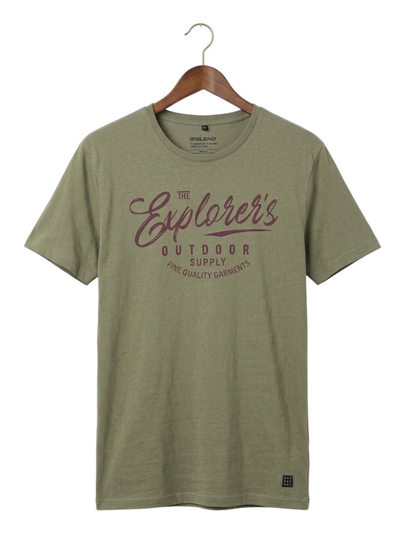 Blend Men's Cotton Crew Neck T-shirt, Olive Green with Graphic Print - Image 1