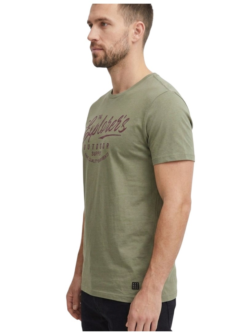 Blend Men's Cotton Crew Neck T-shirt, Olive Green with Graphic Print - Image 3