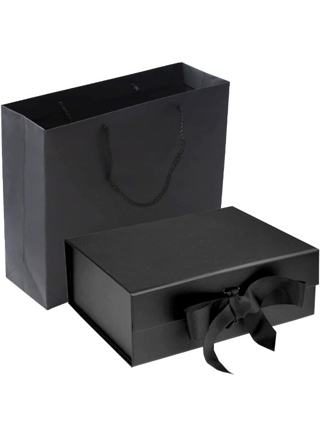 Luxury Black Gift Box with Bag Magnetic Closure and Ribbon Size 28.2 × 20.2 × 9.2cm, Gift Packaging Box for Men Women Birthdays Wedding Parties Festivals