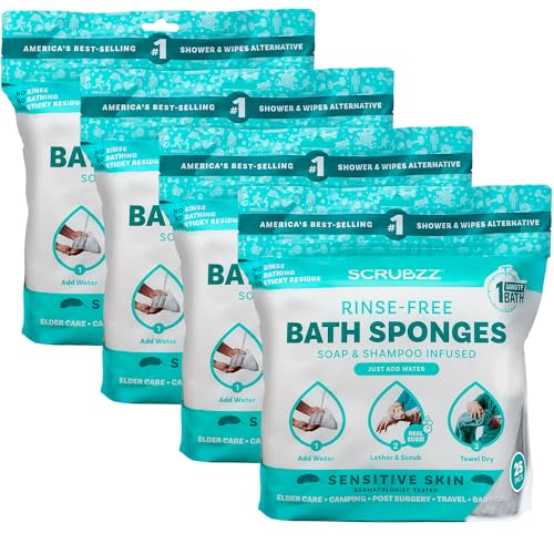 Scrubzz Disposable No Rinse Bathing Wipes for Sensitive Skin - All-in-1 Single Use Shower Wipes, Simply Dampen, Lather, and Dry Without Shampoo or Rinsing (Sensitive Skin, 4-Pack) - Image 1
