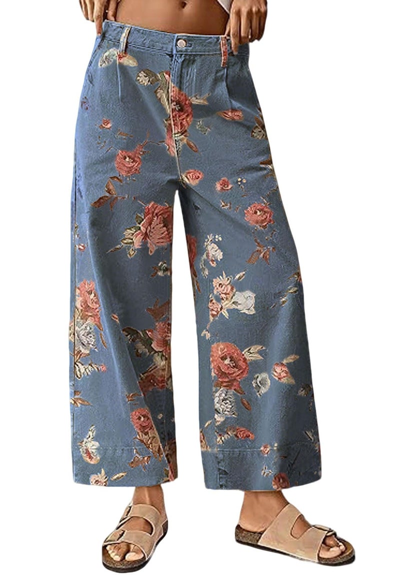 loveimgs Women Mid Rise Cropped Wide Leg Jeans Baggy Floral Ankle Pants Denim Capris Flare Print Boho Palazzo Jeans Boyfriend (X-Small,Dark Blue) - Image 1
