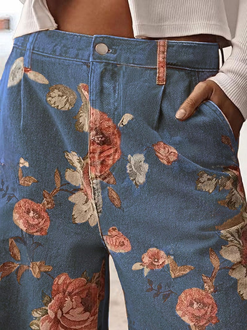 loveimgs Women Mid Rise Cropped Wide Leg Jeans Baggy Floral Ankle Pants Denim Capris Flare Print Boho Palazzo Jeans Boyfriend (X-Small,Dark Blue) - Image 4