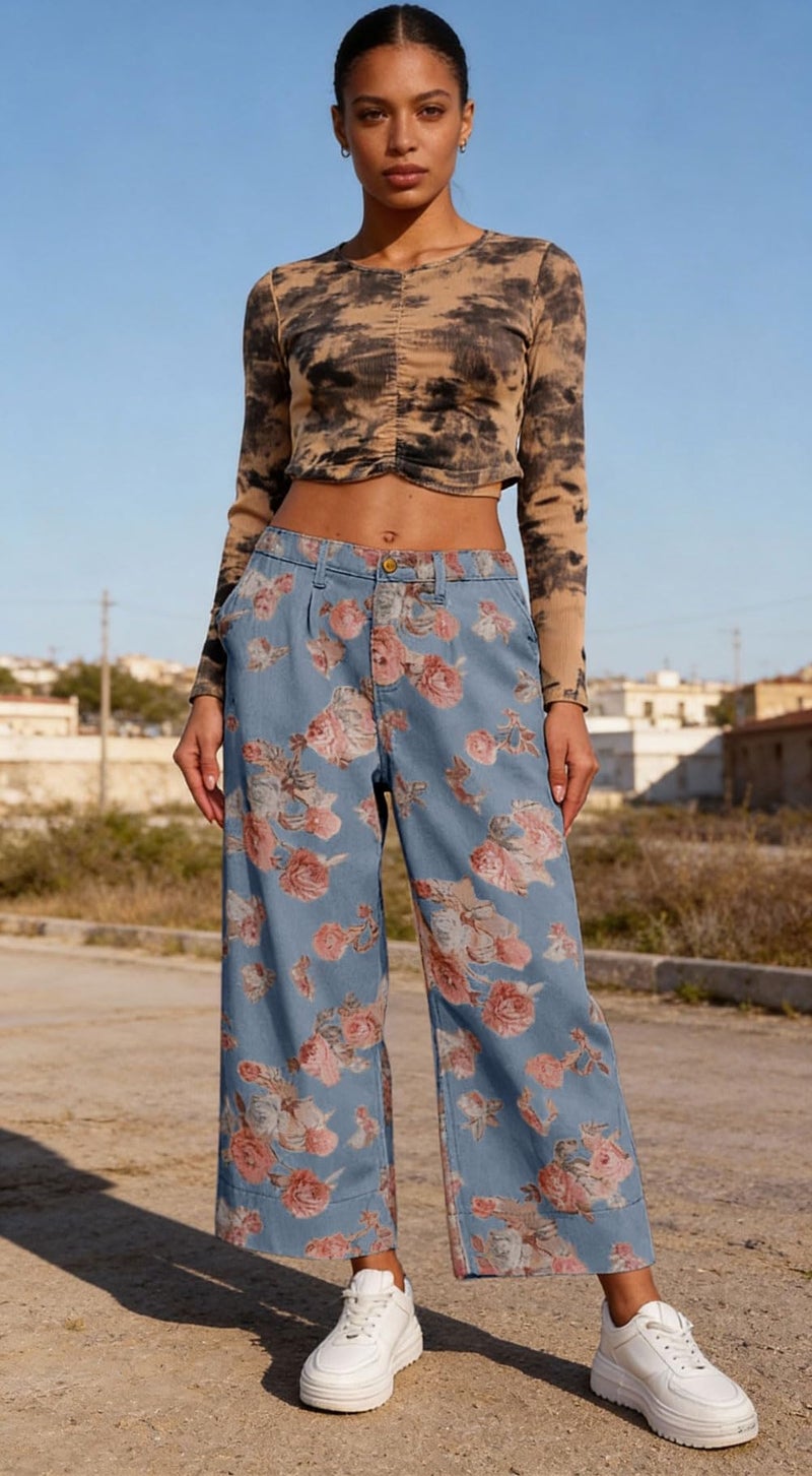 loveimgs Women Mid Rise Cropped Wide Leg Jeans Baggy Floral Ankle Pants Denim Capris Flare Print Boho Palazzo Jeans Boyfriend (X-Small,Dark Blue) - Image 5