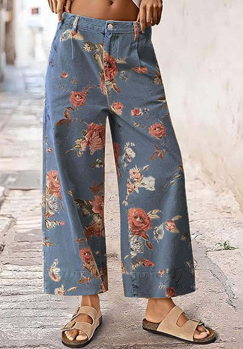 loveimgs Women Mid Rise Cropped Wide Leg Jeans Baggy Floral Ankle Pants Denim Capris Flare Print Boho Palazzo Jeans Boyfriend (X-Small,Dark Blue) - Image 2