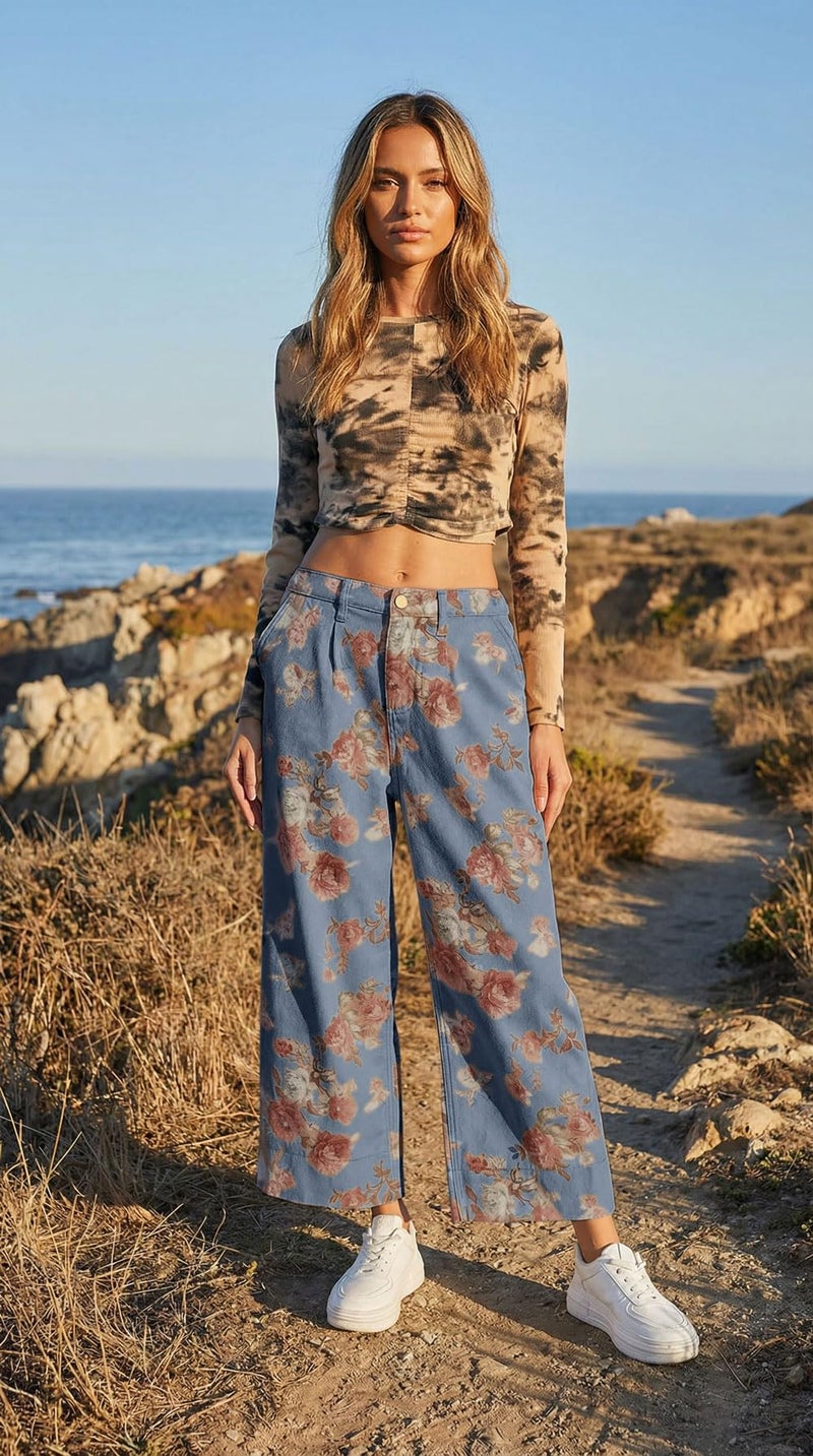 loveimgs Women Mid Rise Cropped Wide Leg Jeans Baggy Floral Ankle Pants Denim Capris Flare Print Boho Palazzo Jeans Boyfriend (X-Small,Dark Blue) - Image 3