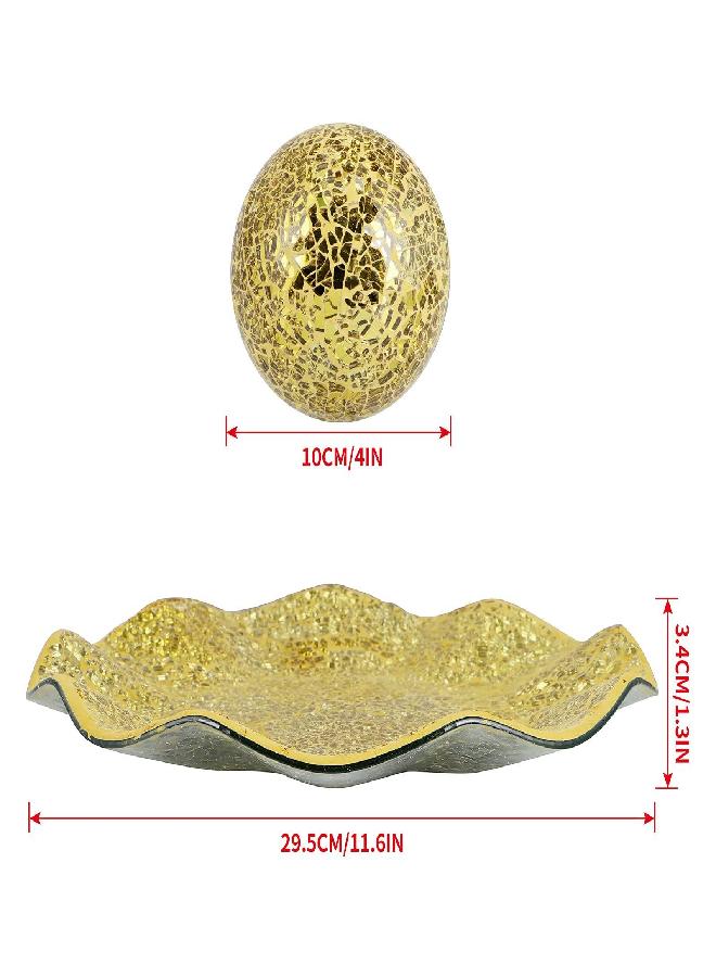 MDLUU Centerpiece Bowl and Balls Set, Mosaic Tray with 3 Pieces Spheres, 12" Decorative Plate with 4" Mosaic Orbs for Home Decor, Gift (Gold) - Image 1