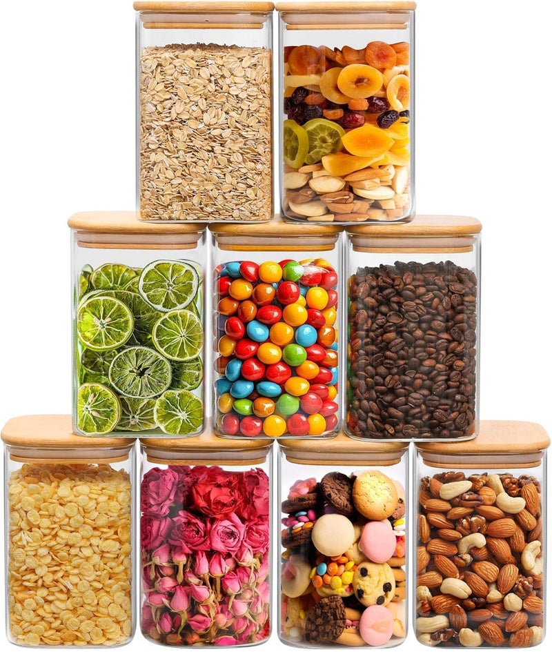 ComSaf 1.2 Qt Glass Storage Containers with Lids, Glass Jars with Lids, Clear Food Storage Jar, Square Canister Set of 9, Pantry Organizers and Storage for Cookie Flour Oat Pasta Tea Coffee Bean - Image 1