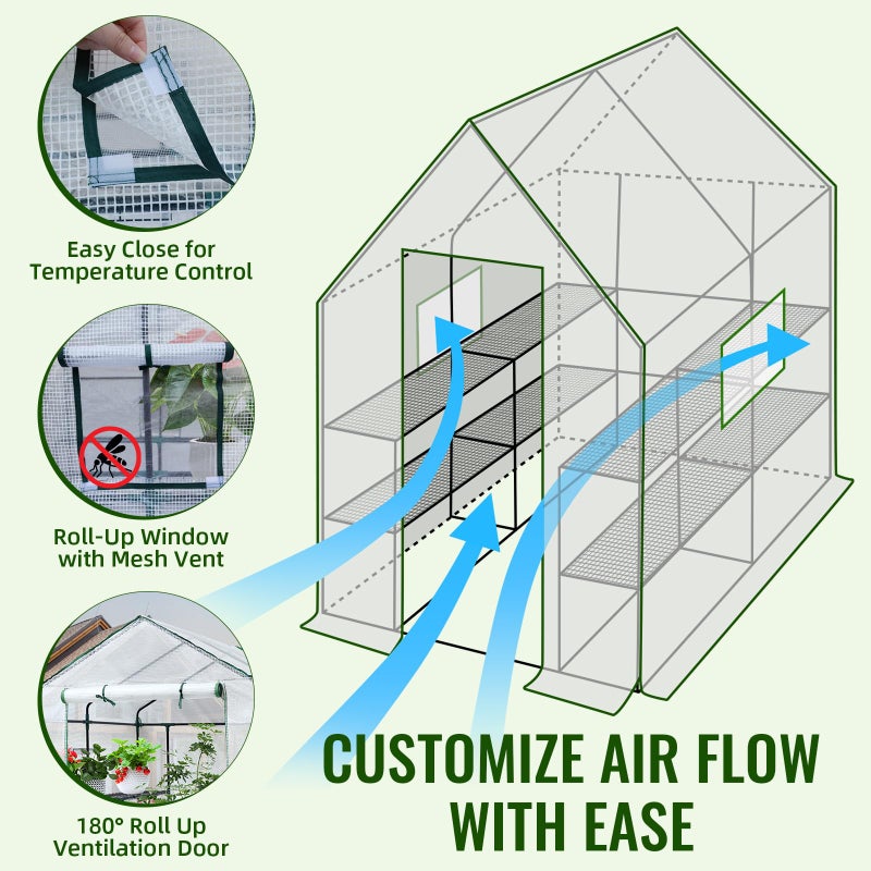 Greengro Greenhouse, 57 x 57 x 76'' Greenhouses for Outdoors, Portable Greenhouse Kit with Mesh Side Windows, PE Cover, 8 Shelves, Heavy Duty Walk in Green House for Backyard Garden Indoor Outside - Image 4