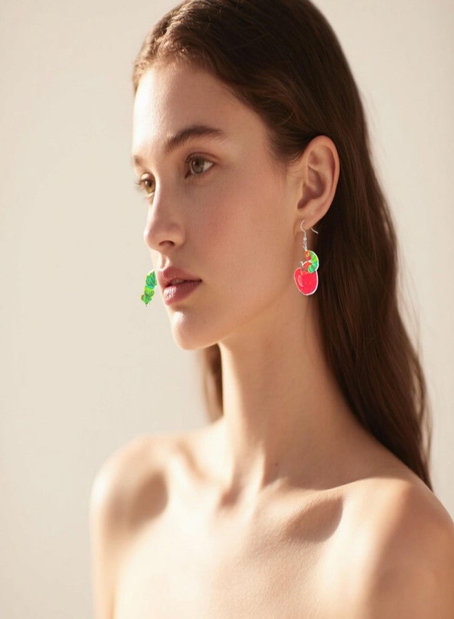 مجموعة أقراط RLHRNDE مكونة من 5 أزواج من أقراط الفراولة واليرقة اللطيفة للنساء، أقراط فراولة حمراء وخضراء مرحة مستوحاة من اليرقة الجائعة جداً، أقراط فاكهة حيوانية غير متماثلة لطيفة، هدايا جمالية مستوحاة من الحيوانات الكرتونية، مجوهرات العودة إلى المدرسة (النمط B) - Image 3