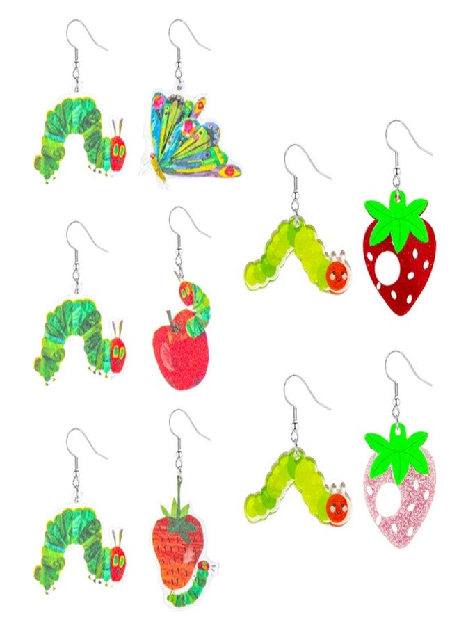 مجموعة أقراط RLHRNDE مكونة من 5 أزواج من أقراط الفراولة واليرقة اللطيفة للنساء، أقراط فراولة حمراء وخضراء مرحة مستوحاة من اليرقة الجائعة جداً، أقراط فاكهة حيوانية غير متماثلة لطيفة، هدايا جمالية مستوحاة من الحيوانات الكرتونية، مجوهرات العودة إلى المدرسة (النمط B) - Image 1