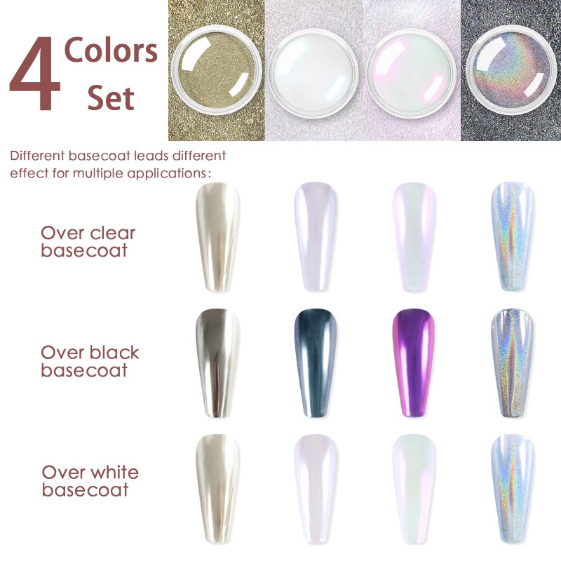 Allstarry Chrome Nail Powder 4pcs White Pearl Chrome Pigment Powder Iridescent Holographic Nail Glitter Dust Metallic Mirror Effect Pigment for Nail Gel Manicure DIY at Home Salon Women Gifts - Image 4