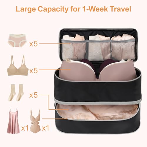Cambond Travel Underwear Organizer Bag Large 4in1 Soft Double Layer Bra Travel Bag Fits B to 36D Portable Expandable Compression Packing Organizers Underwear Bag Packing Cubes for Women Black - Image 3