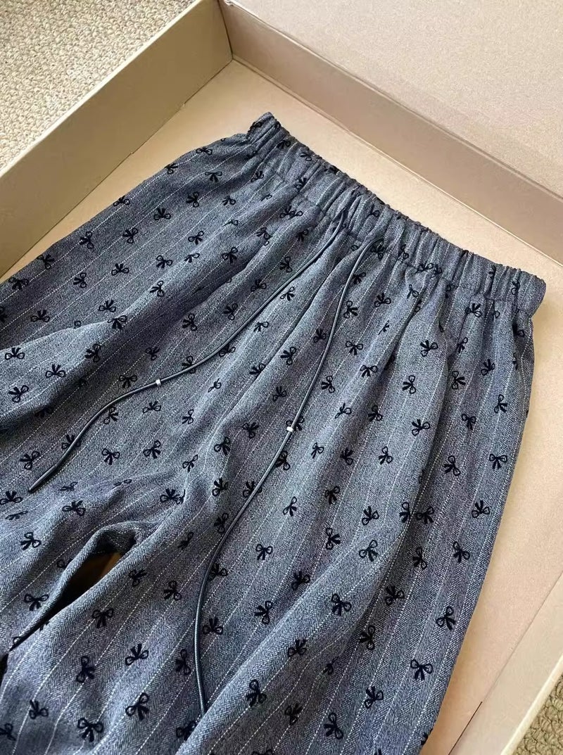[, Three-Dimensional Waist Head] 2024 Thin Bow Embroidered Wide Leg Pants High Waist Straight Casual - Image 3