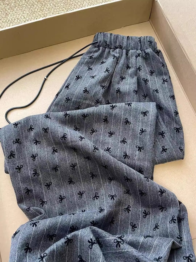 [, Three-Dimensional Waist Head] 2024 Thin Bow Embroidered Wide Leg Pants High Waist Straight Casual - Image 4