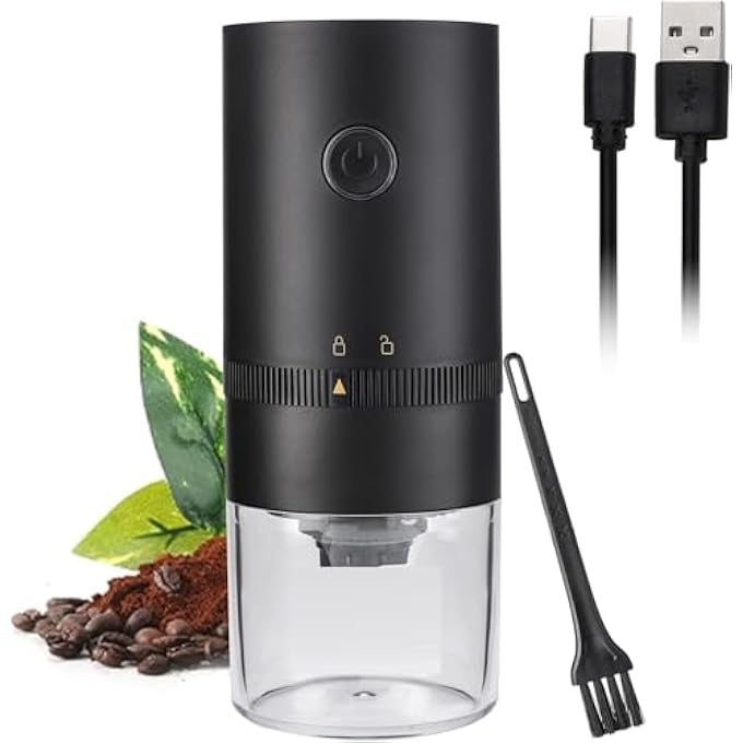 PENG GENERAL Portable Electric Coffee Grinder Black Conical Burr Mill With Glass Container 708X275 Inch Usb Charging Professional Bean Grinding Adjustable Coarseness - Image 1
