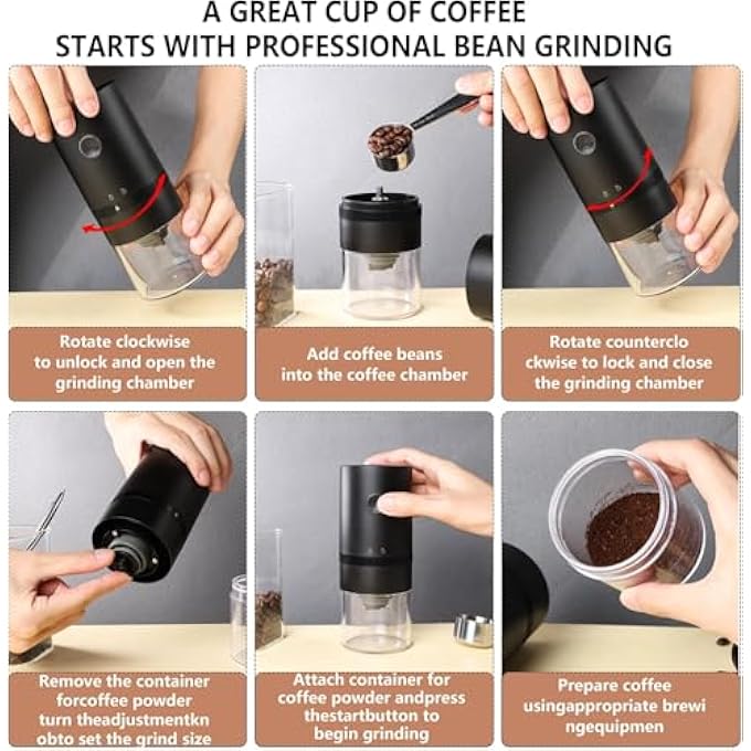 PENG GENERAL Portable Electric Coffee Grinder Black Conical Burr Mill With Glass Container 708X275 Inch Usb Charging Professional Bean Grinding Adjustable Coarseness - Image 3