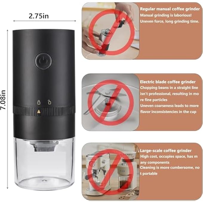 PENG GENERAL Portable Electric Coffee Grinder Black Conical Burr Mill With Glass Container 708X275 Inch Usb Charging Professional Bean Grinding Adjustable Coarseness - Image 4