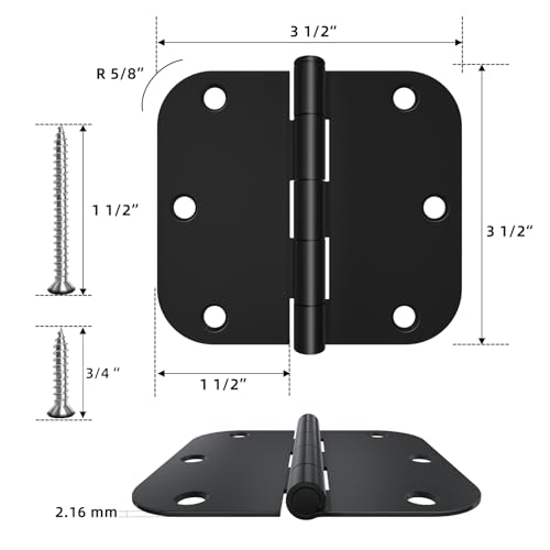 HOSOM 24 Pack Rounded Matte Black Door Hinges 3.5 x 3.5 inch with 5/8 Radius 3 1/2 Heavy Duty Interior Door Hinges, 3 ½"x 3 ½" Door Hardware - Image 2