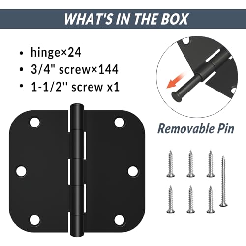 HOSOM 24 Pack Rounded Matte Black Door Hinges 3.5 x 3.5 inch with 5/8 Radius 3 1/2 Heavy Duty Interior Door Hinges, 3 ½"x 3 ½" Door Hardware - Image 3