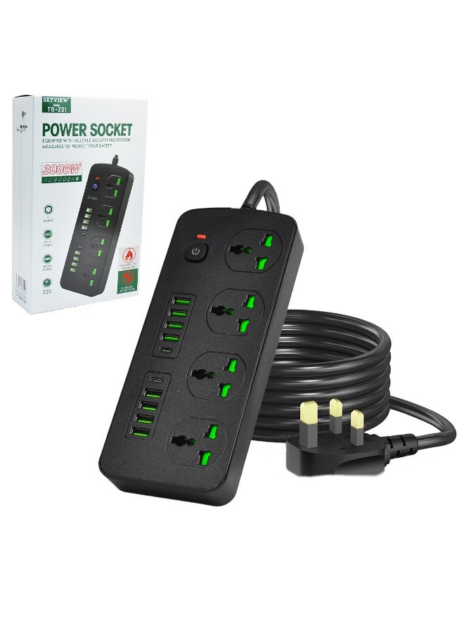 سكاي فيو شريط طاقة واقي من زيادة التيار - سلك تمديد بمقبس مسطح مع 4 منافذ و8 منافذ USB ومنفذين من النوع C، سلك طاقة بطول 2 متر (3000 واط/16 أمبير/110 فولت-265 فولت) مادة مقاومة للهب من البولي كربونات، قلب نحاسي نقي (أسود) - Image 1