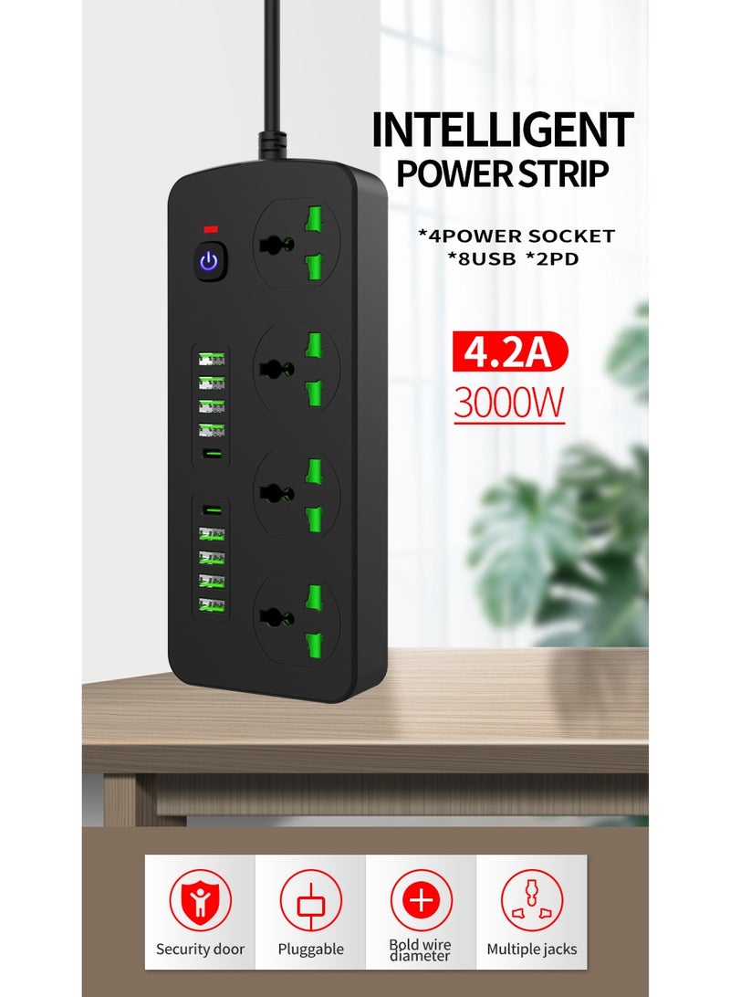 سكاي فيو شريط طاقة واقي من زيادة التيار - سلك تمديد بمقبس مسطح مع 4 منافذ و8 منافذ USB ومنفذين من النوع C، سلك طاقة بطول 2 متر (3000 واط/16 أمبير/110 فولت-265 فولت) مادة مقاومة للهب من البولي كربونات، قلب نحاسي نقي (أسود) - Image 2