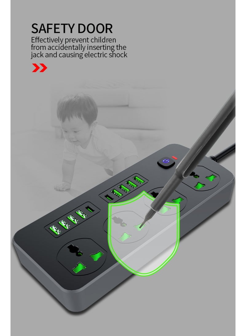 سكاي فيو شريط طاقة واقي من زيادة التيار - سلك تمديد بمقبس مسطح مع 4 منافذ و8 منافذ USB ومنفذين من النوع C، سلك طاقة بطول 2 متر (3000 واط/16 أمبير/110 فولت-265 فولت) مادة مقاومة للهب من البولي كربونات، قلب نحاسي نقي (أسود) - Image 5