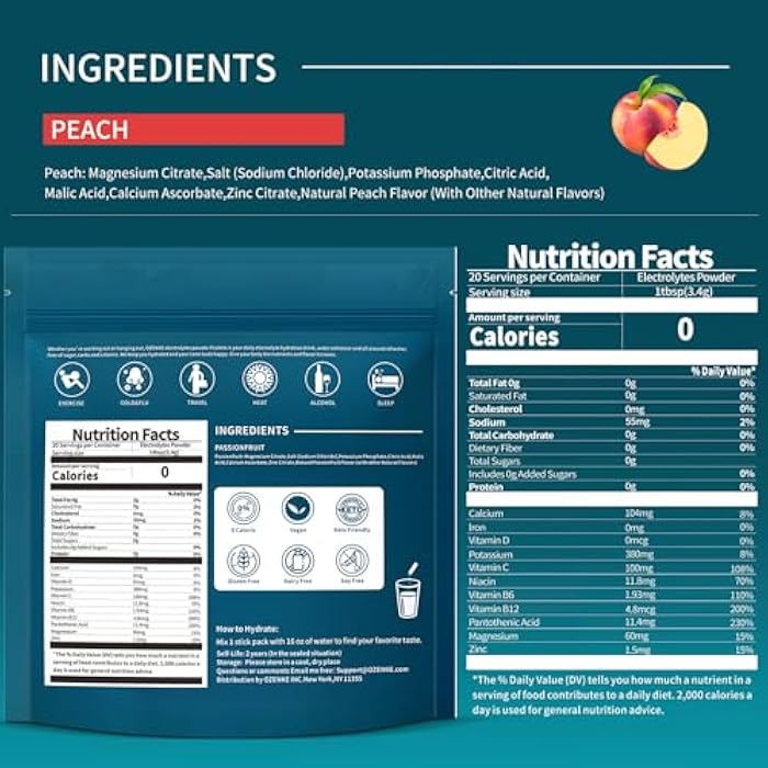 OZENKE Electrolytes Powder Packets, Hydration Packets, Electrolytes Sugar Free, Portable Electrolyte Drink Mix for Rapid Hydration, No Sugar & Low Sodium | 0 Calorie | Peach Flavor | 20 Sticks - Image 2
