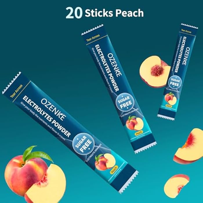 OZENKE Electrolytes Powder Packets, Hydration Packets, Electrolytes Sugar Free, Portable Electrolyte Drink Mix for Rapid Hydration, No Sugar & Low Sodium | 0 Calorie | Peach Flavor | 20 Sticks - Image 3
