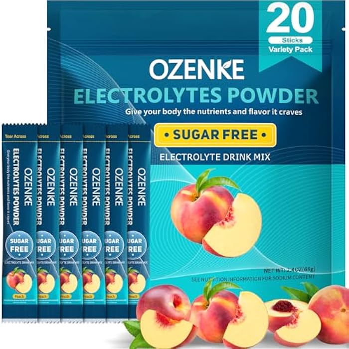 OZENKE Electrolytes Powder Packets, Hydration Packets, Electrolytes Sugar Free, Portable Electrolyte Drink Mix for Rapid Hydration, No Sugar & Low Sodium | 0 Calorie | Peach Flavor | 20 Sticks - Image 1
