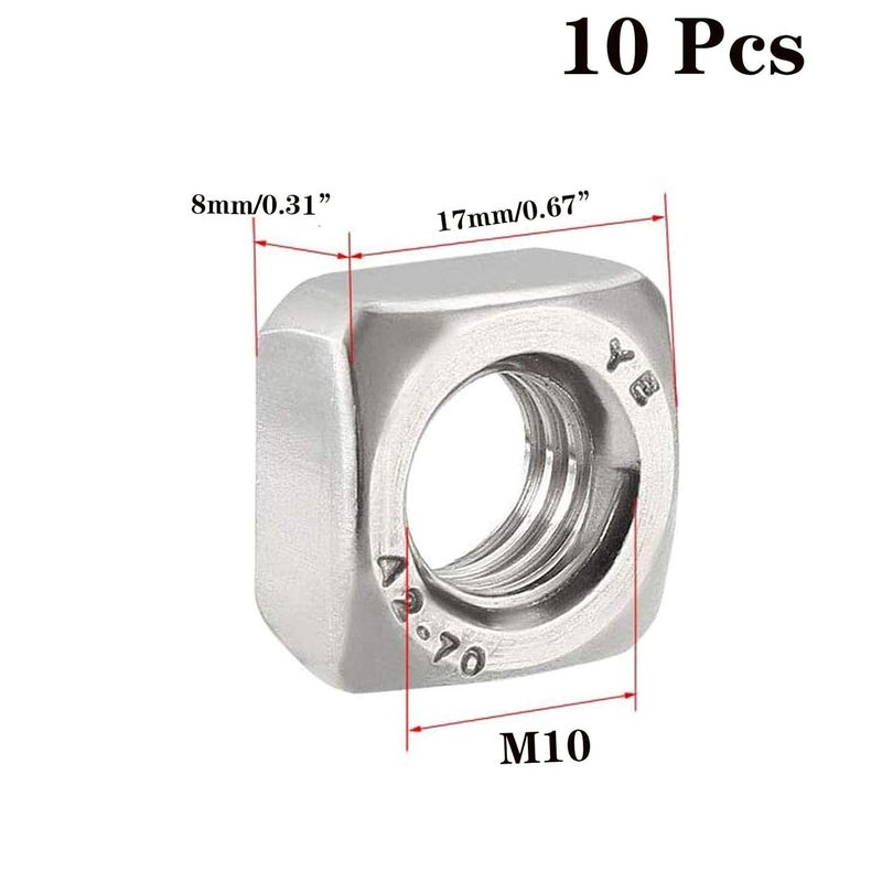 Still Awake M10-1.5 Square Nuts, 304 Stainless Steel Metric Coarse Thread Assortment Kit (10 Pcs) - Image 2