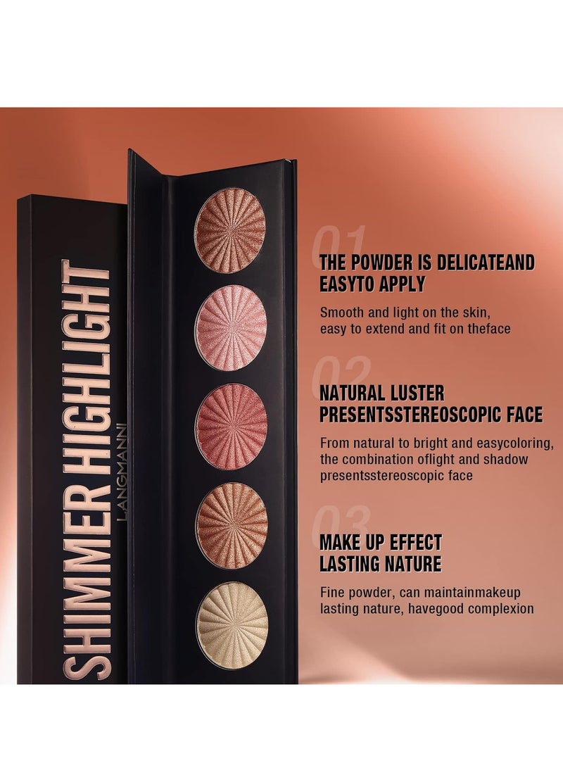Highlighter Powder Palette, Makeup Palette Facial Bronzers Illuminator Palette Highlighter Baked Waterproof Long Lasting Brilliant Lighten Skin 5Color