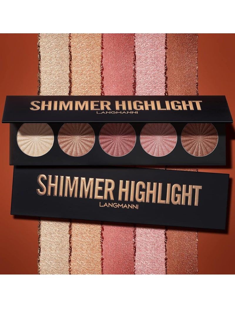 Highlighter Powder Palette, Makeup Palette Facial Bronzers Illuminator Palette Highlighter Baked Waterproof Long Lasting Brilliant Lighten Skin 5Color