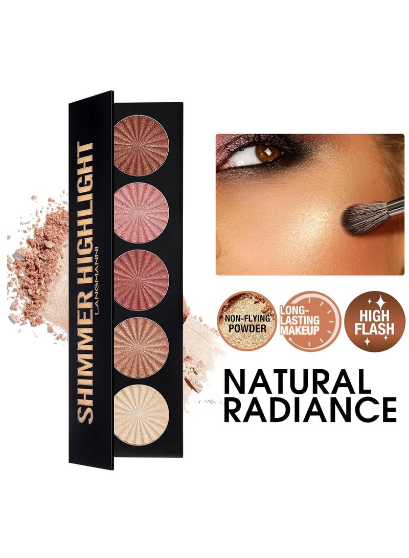 Highlighter Powder Palette, Makeup Palette Facial Bronzers Illuminator Palette Highlighter Baked Waterproof Long Lasting Brilliant Lighten Skin 5Color