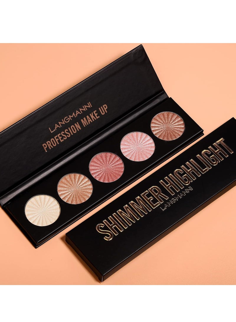Highlighter Powder Palette, Makeup Palette Facial Bronzers Illuminator Palette Highlighter Baked Waterproof Long Lasting Brilliant Lighten Skin 5Color